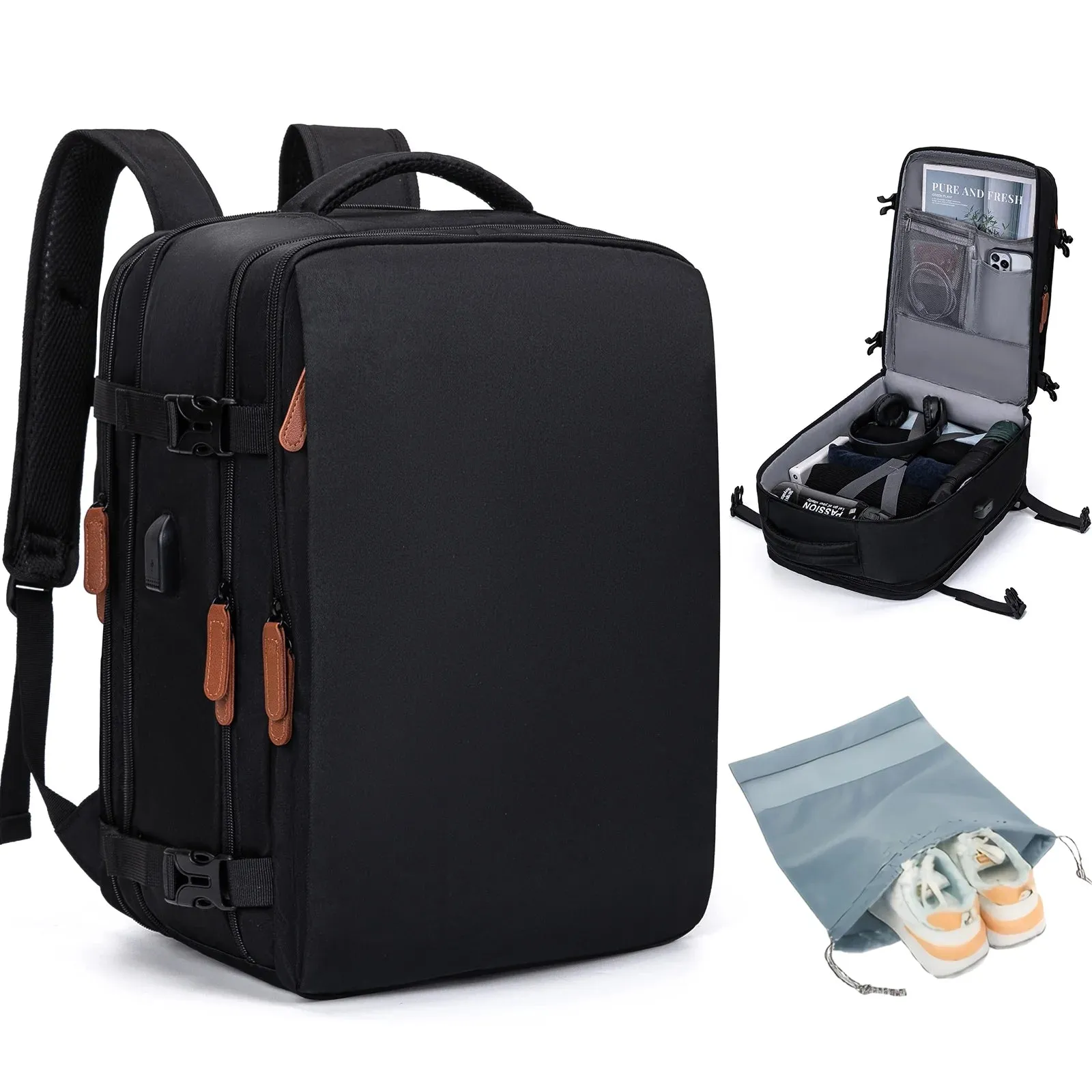 Travel Backpack for Women Men Extra Large Carry on Backpacks with Shoe Pouch Water Resistant Laptop Flight Approved Daypack for Weekender Hiking, Black