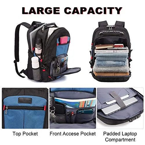 Travel Laptop Backpack Waterproof Anti Theft Backpack with Lock and USB Charging Port Large 17-17.3 Inch Computer Business Backpack for Men Women School College Backpack Blue