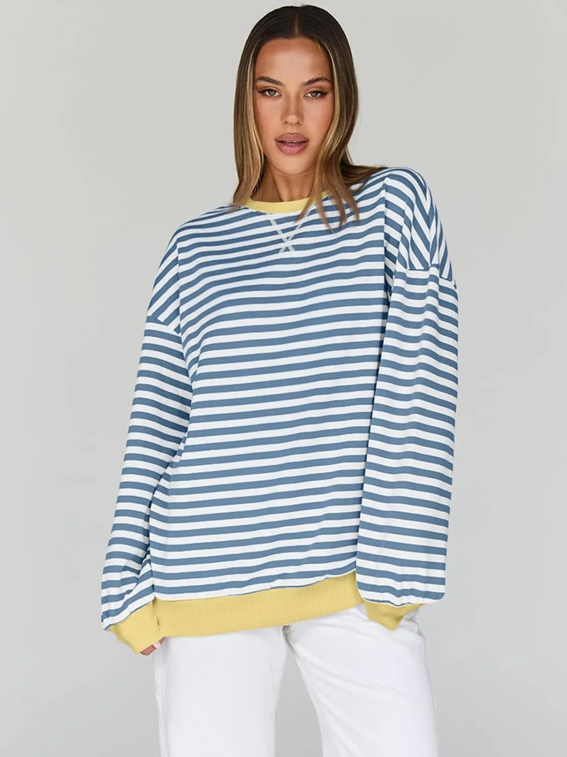 Trendy Queen Oversized Sweatshirt for Women 2025 Summer Crewneck Striped Long Sleeve Shirts Hoodies Cute Top Y2K Outfits