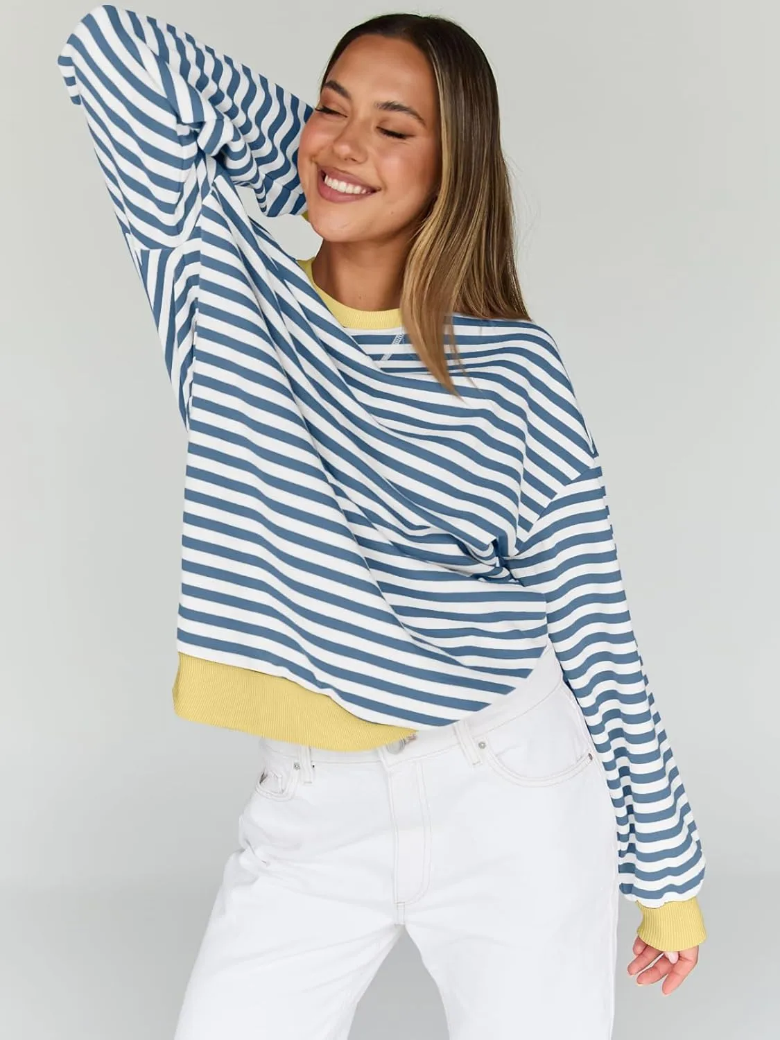 Trendy Queen Oversized Sweatshirt for Women 2025 Summer Crewneck Striped Long Sleeve Shirts Hoodies Cute Top Y2K Outfits