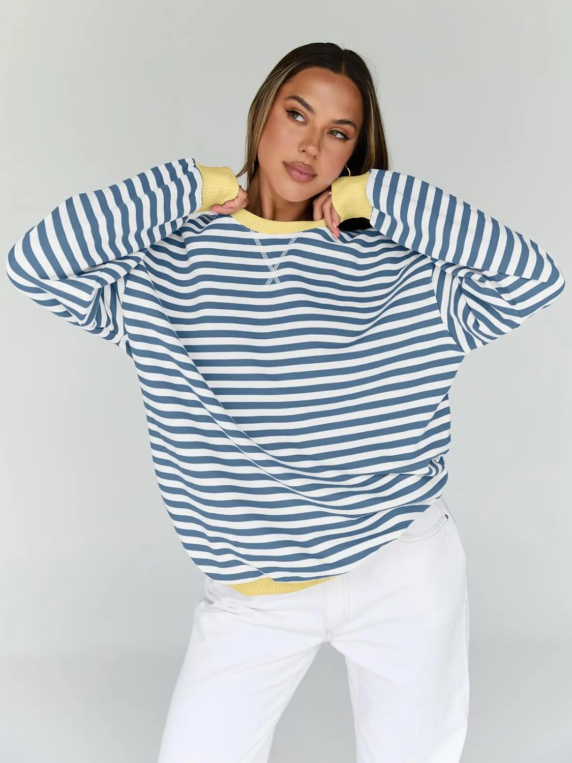 Trendy Queen Oversized Sweatshirt for Women 2025 Summer Crewneck Striped Long Sleeve Shirts Hoodies Cute Top Y2K Outfits