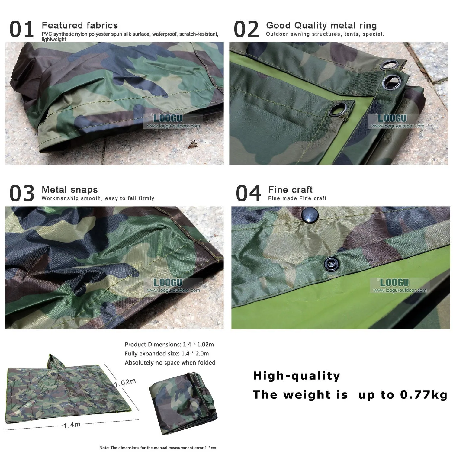 Waterproof Camouflage Rain Poncho & Sun Shelter Tarp for Hammock, Camping Tent, Awning, Canopy, Ground Sheet