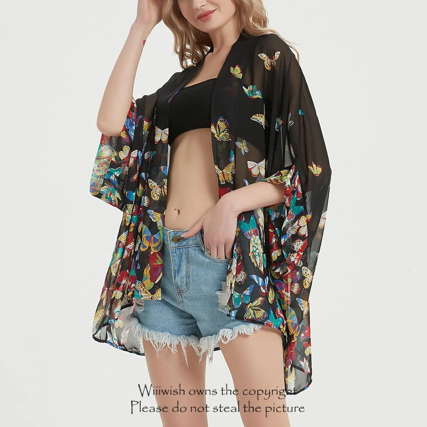 Women's Kimono Cardigans Camouflage Sheer Chiffon Blouse Boho Wrap Casual Coverup Loose Tops