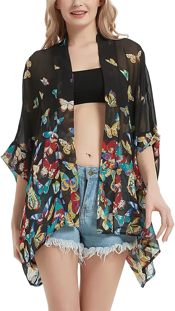 Women's Kimono Cardigans Camouflage Sheer Chiffon Blouse Boho Wrap Casual Coverup Loose Tops