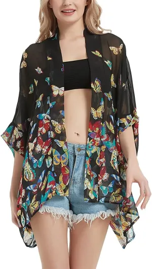 Women's Kimono Cardigans Camouflage Sheer Chiffon Blouse Boho Wrap Casual Coverup Loose Tops