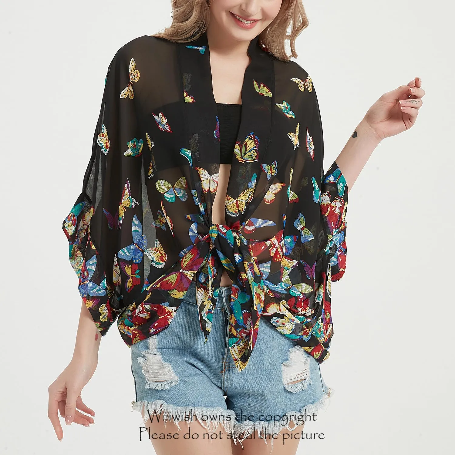 Women's Kimono Cardigans Camouflage Sheer Chiffon Blouse Boho Wrap Casual Coverup Loose Tops