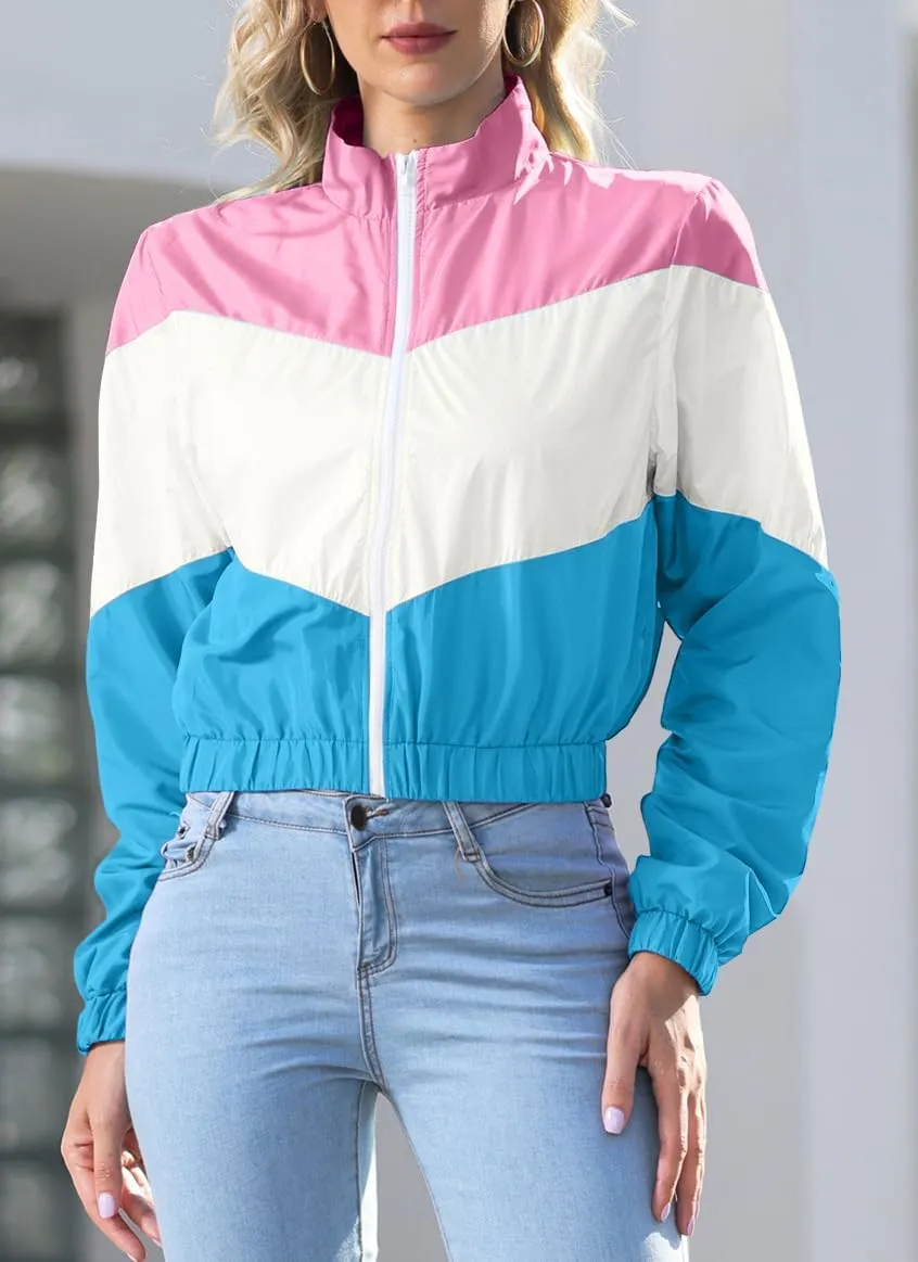 Womens Lightweight Windbreaker Sport Jacket Zip Up Color Block Coat Casual Long Sleeve Jogging Outerwear