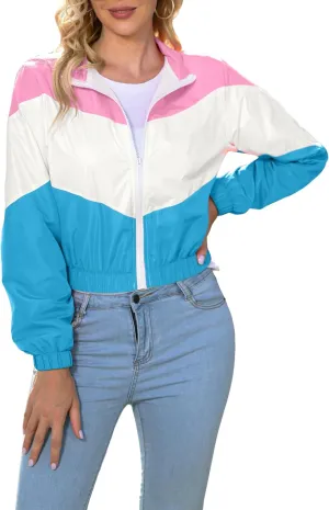 Womens Lightweight Windbreaker Sport Jacket Zip Up Color Block Coat Casual Long Sleeve Jogging Outerwear