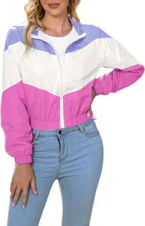 Womens Lightweight Windbreaker Sport Jacket Zip Up Color Block Coat Casual Long Sleeve Jogging Outerwear