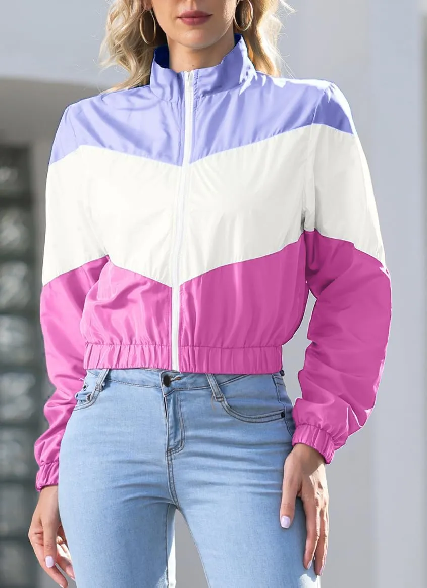 Womens Lightweight Windbreaker Sport Jacket Zip Up Color Block Coat Casual Long Sleeve Jogging Outerwear