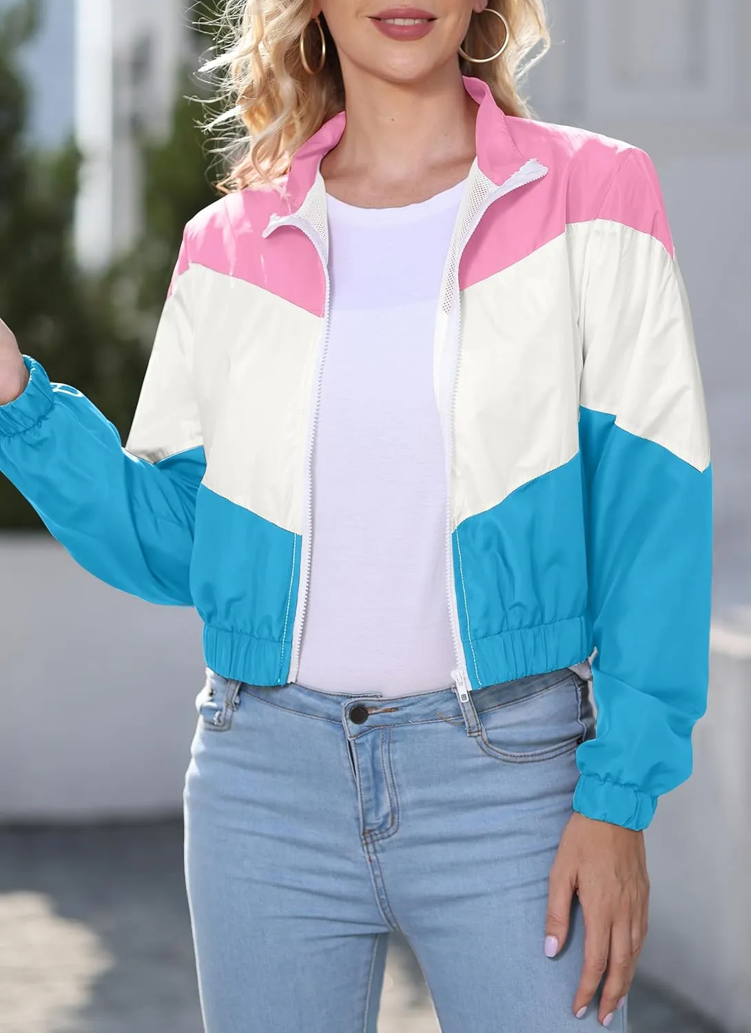 Womens Lightweight Windbreaker Sport Jacket Zip Up Color Block Coat Casual Long Sleeve Jogging Outerwear