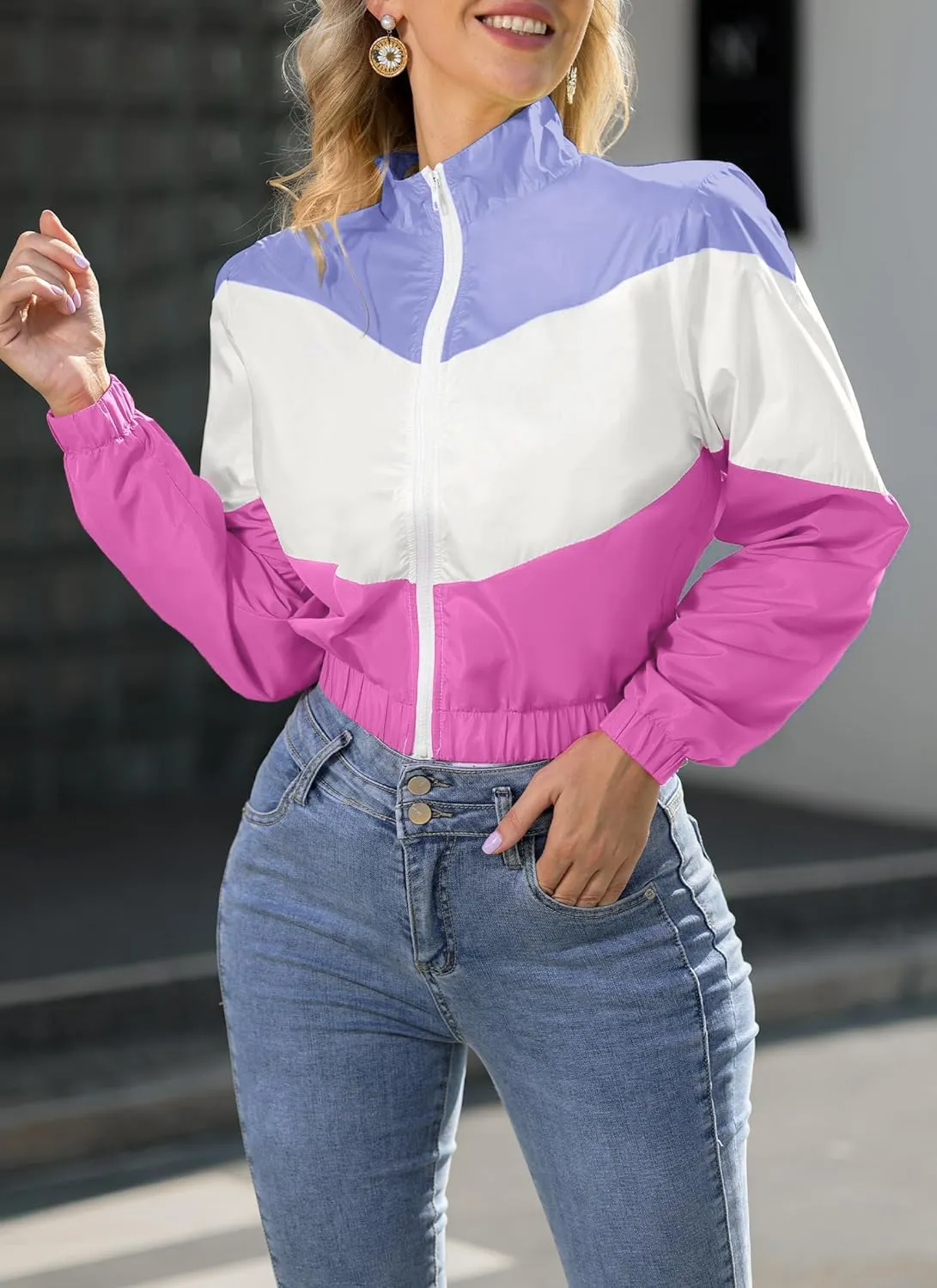 Womens Lightweight Windbreaker Sport Jacket Zip Up Color Block Coat Casual Long Sleeve Jogging Outerwear