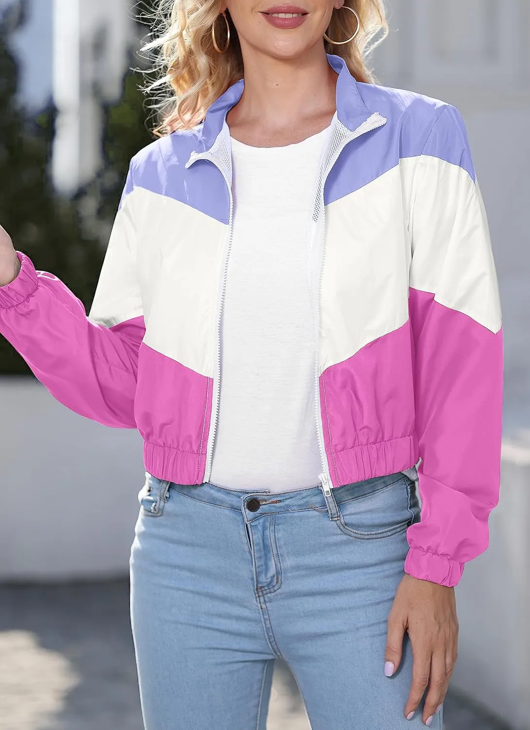 Womens Lightweight Windbreaker Sport Jacket Zip Up Color Block Coat Casual Long Sleeve Jogging Outerwear