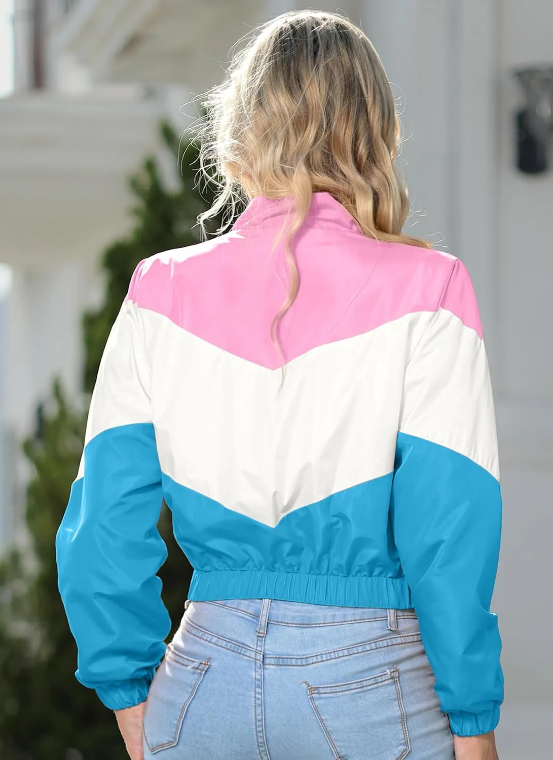 Womens Lightweight Windbreaker Sport Jacket Zip Up Color Block Coat Casual Long Sleeve Jogging Outerwear